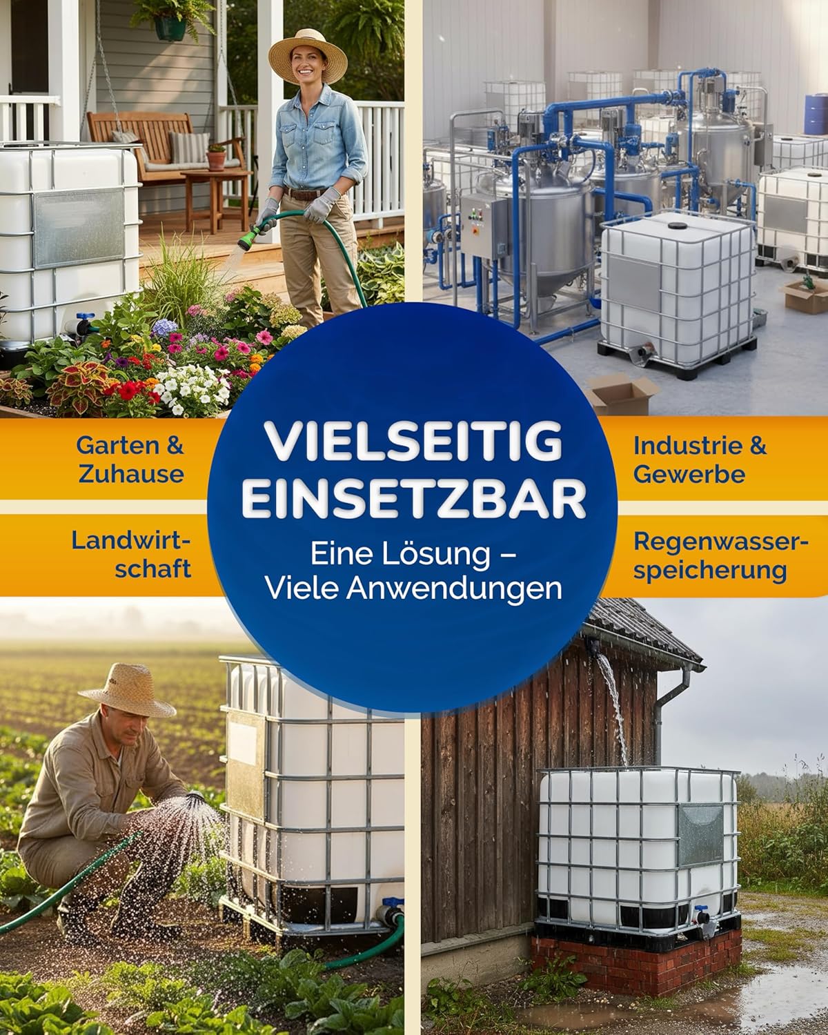 IBC Container 1000 Liter (neu) – Regentonne, Regenfass, Wassertank XXL mit Kunststoffpalette – lebensmittelecht & UV-beständig, wiederverwendbar – als Regenwassertank für Garten & Industrie