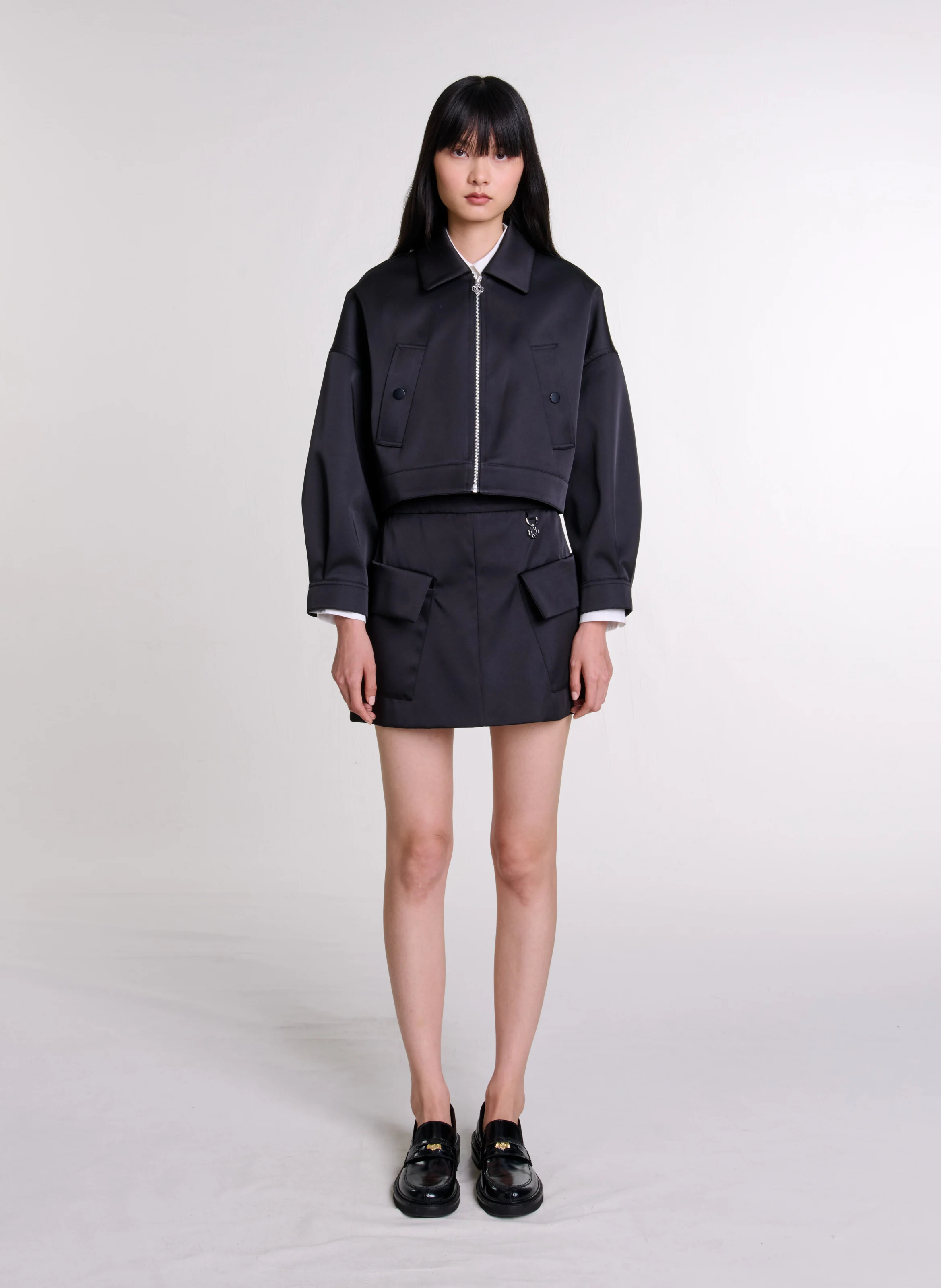 Blouson col classique ample en satin | Noir