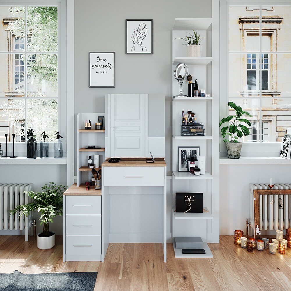 Vicco Schminktisch Frisiertisch Kosmetiktisch Conrada Weiß Sonoma Schminkspiegel 80x132 modern Schlafzimmerkommode Schminkkommode Schublade Spiegelschrank Frisierkommode Make-Up-Tisch