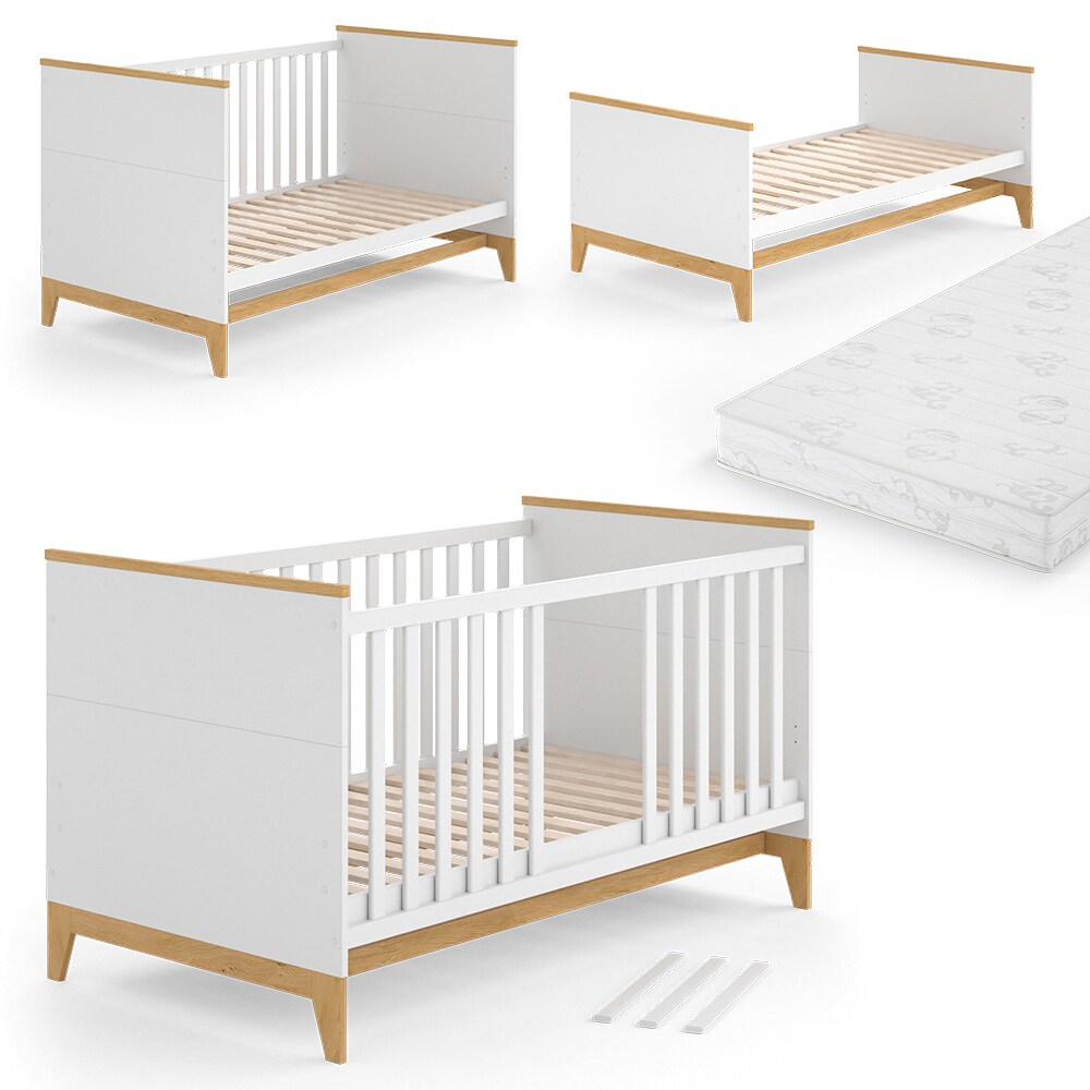 VitaliSpa Kinderbett Babybett Juniorbett Malia Weiß Eiche Matratze modern 70x140 cm Kinderzimmer Bett Babyzimmerbett Kindermöbel Babymöbel Schlupfsprossen Lattenrost Rausfallschutz Einzelbett