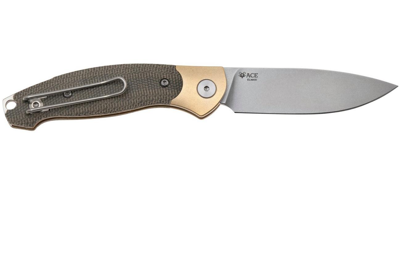 GiantMouse ACE Farley V2 BRASS-B-GRN Stonewashed Elmax, Brass Bolster, Green Micarta, zakmes, Ansø en Voxnaes design