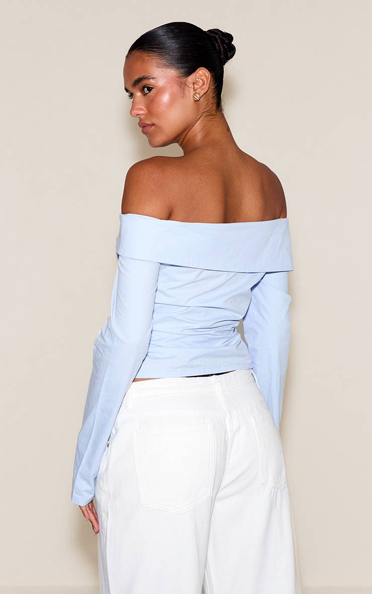 Bleu Ciel Haut Bardot En Coton Froncé À Ourlet Asymétrique