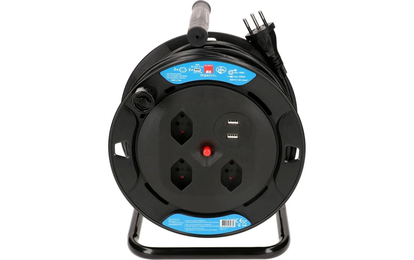 Kabelrolle 20 m, 3x T13, 2x USB SchwarzKabeltrommel mit 2x USB und 3x T13 Steckdose, Thermoschutz und Kinderschutz