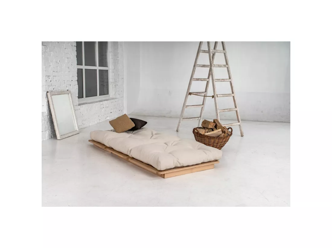 Canapé Lit Convertible en Bois avec Matelas Beige Confort Beige