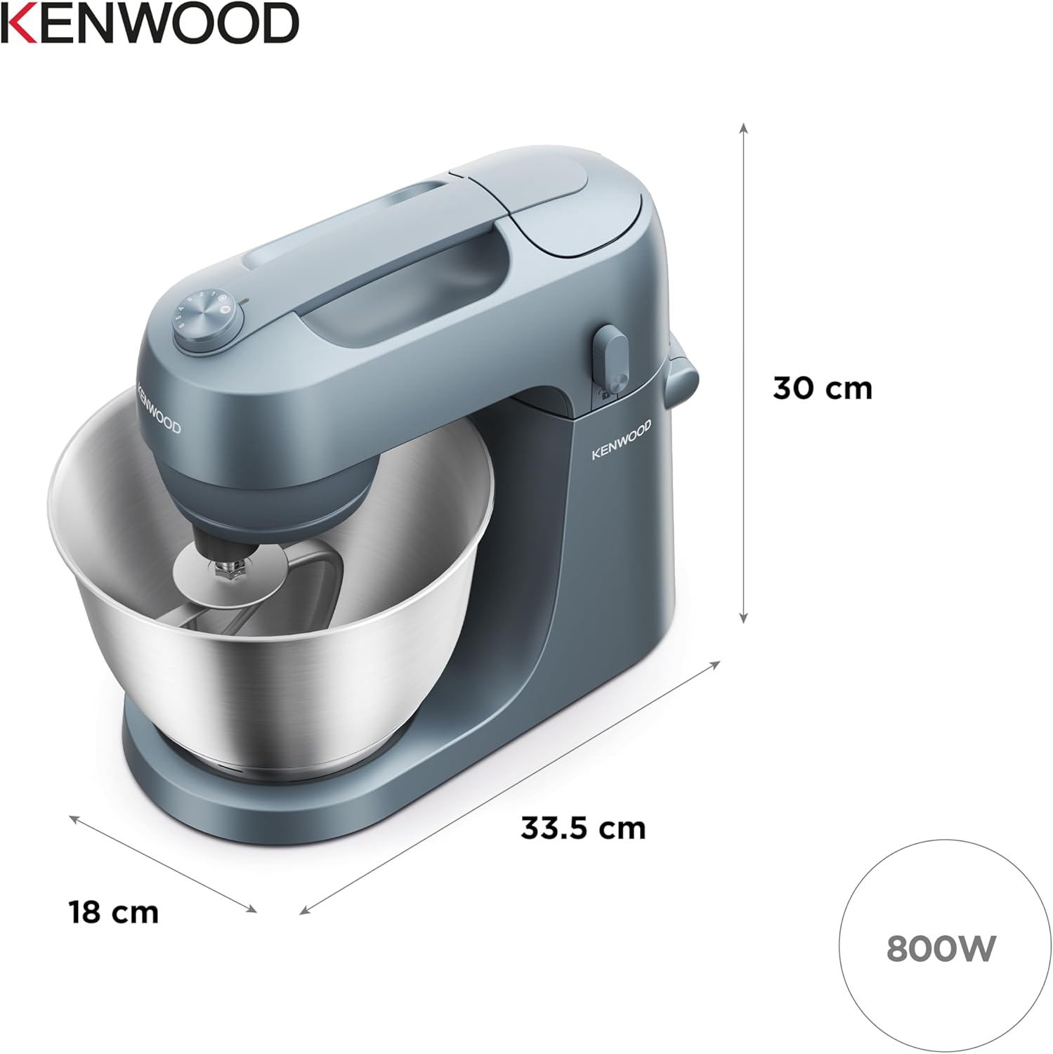 Kenwood Go Küchenmaschine KZM35.000GY, platzsparend, inkl. 4-Liter-Schüssel, K-Haken, Ballonschneebesen, Knethaken, Spritzschutz & Messlöffel, Metallgehäuse mit Tragegriff, 800W, Blau