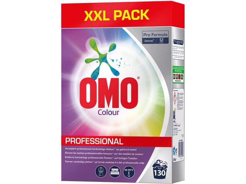 Diversey Pro Formula Pulverwaschmittel Omo Pro Formula Colo Waschmittel mit verstärkter Flecklösekraft für Buntwäsche