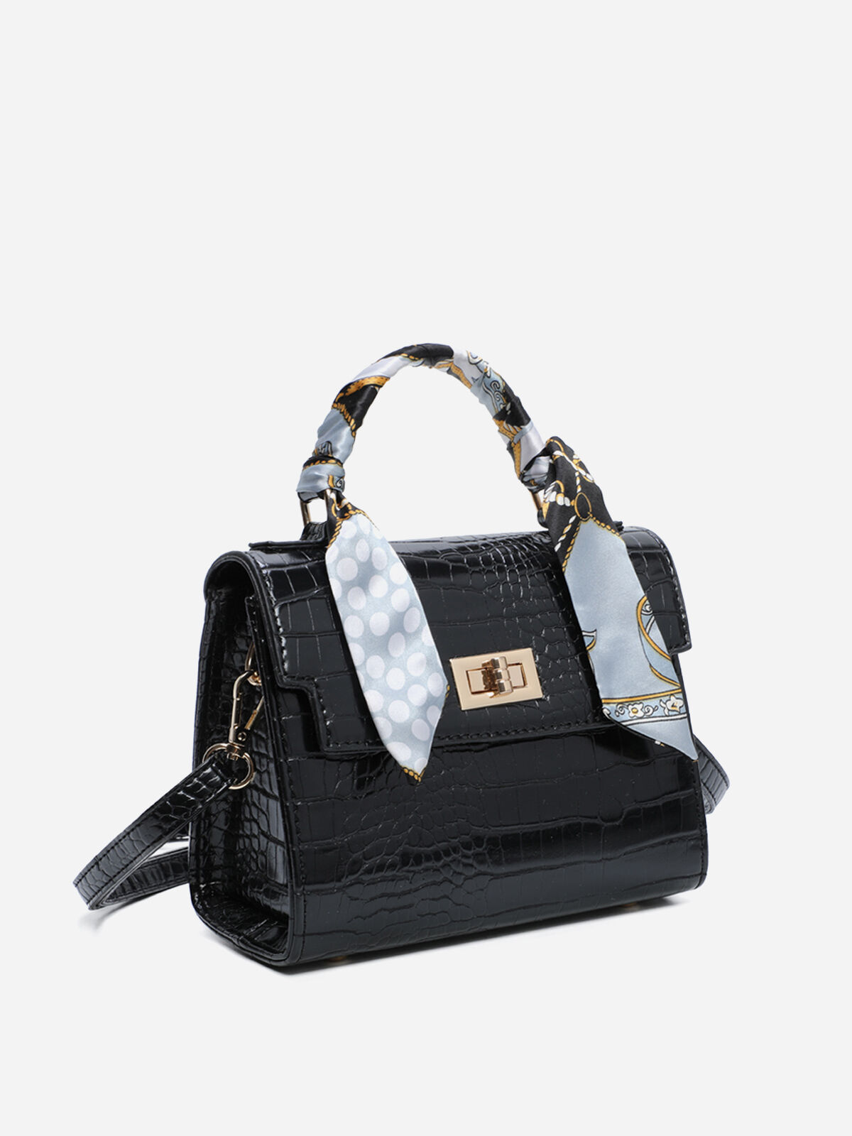 Sac à main effet croco avec foulard- Noir
