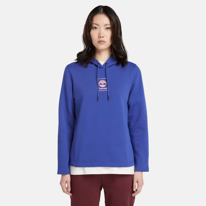 Moletom com capuz Small Stack Logo para mulheres na cor azul.