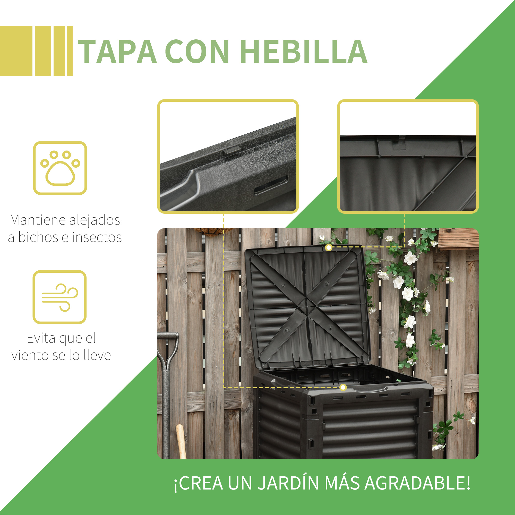 Compostor Outsunny com capacidade de 300 litros, compostor orgânico para produção de fertilizantes em jardins externos, com 48 aberturas de ventilação, 60,5 x 60,5 x 81,5 cm, preto.
