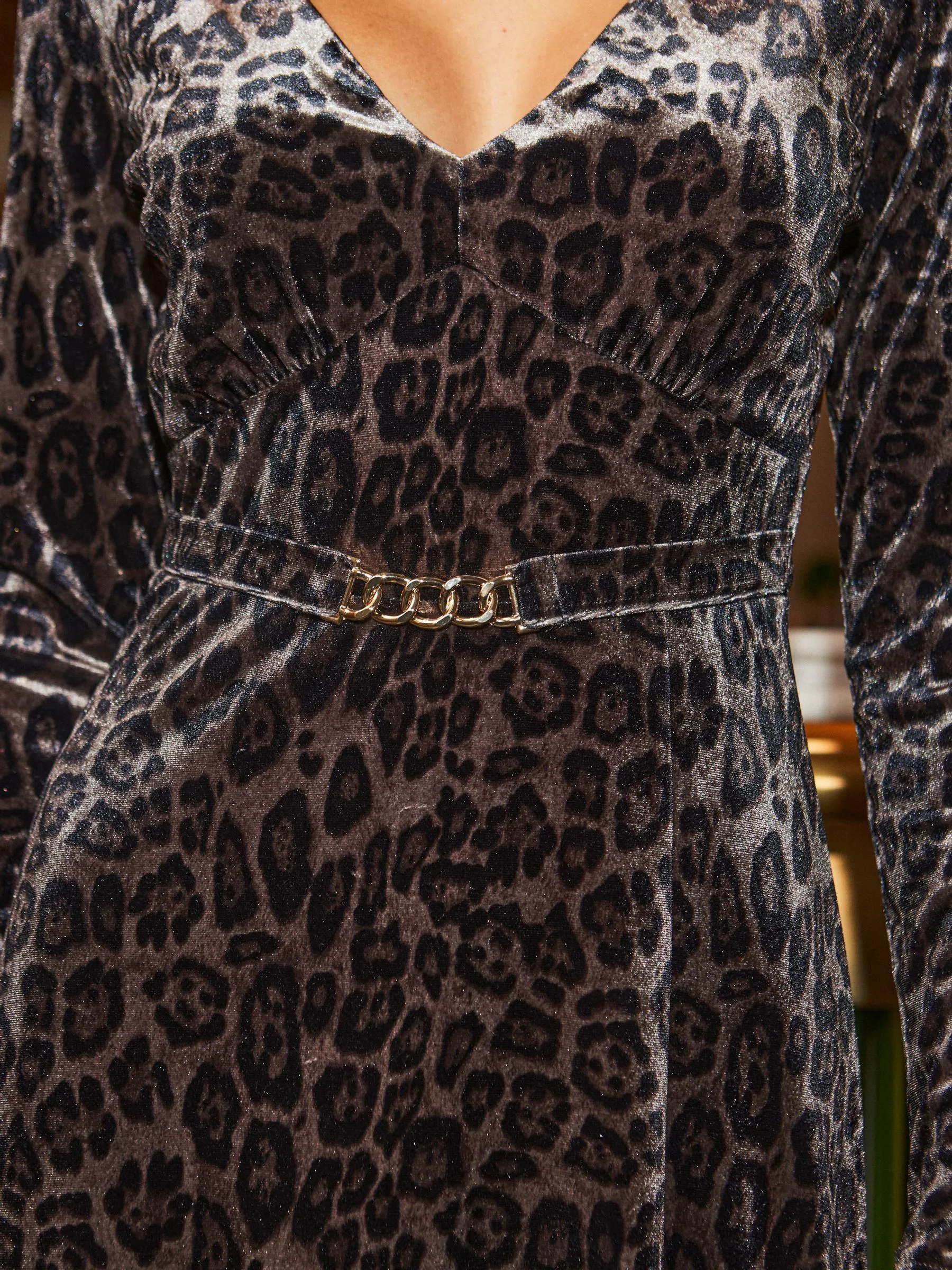 Sosandar Leopard Print Velvet Gold Trim Belted Fit & Flare Dress