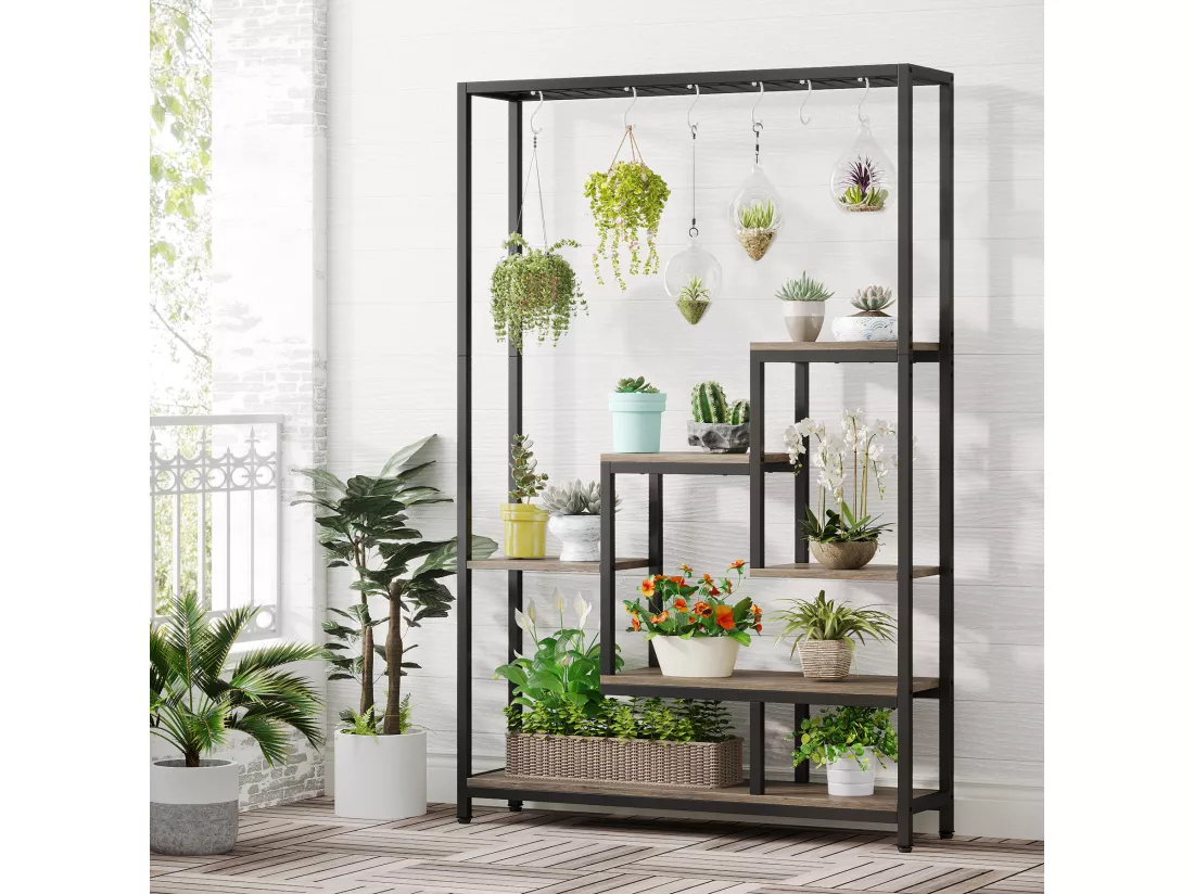 Tribesigns Support pour plantes d'intérieur à 5 niveaux - Étagère en métal de 180,1 cm avec 10 crochets de suspension en S - Pour intérieur, jardin, balcon, salon - Noir et Gris