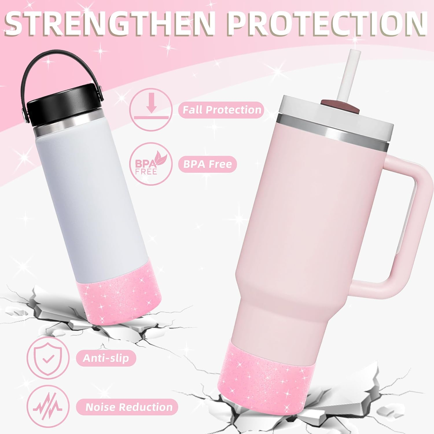 (Ø75x45mm) Silikon Flaschen Boden Manschette Schutz Hülle Anti-Rutsch Glitzer Abdeckung Accessoire für Stanley Cup Thermo Becher - Rosa