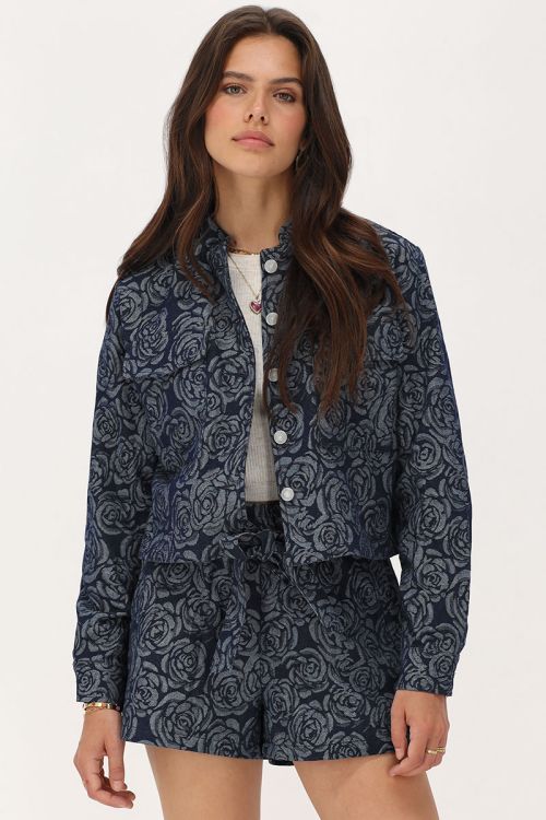 Blauw denim jasje met rozen