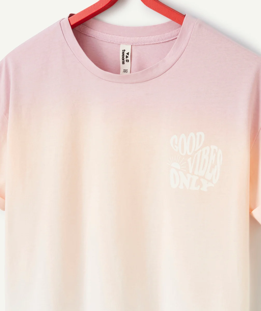 t-shirt fille en coton bio tie and dye mauve et rose avec messages