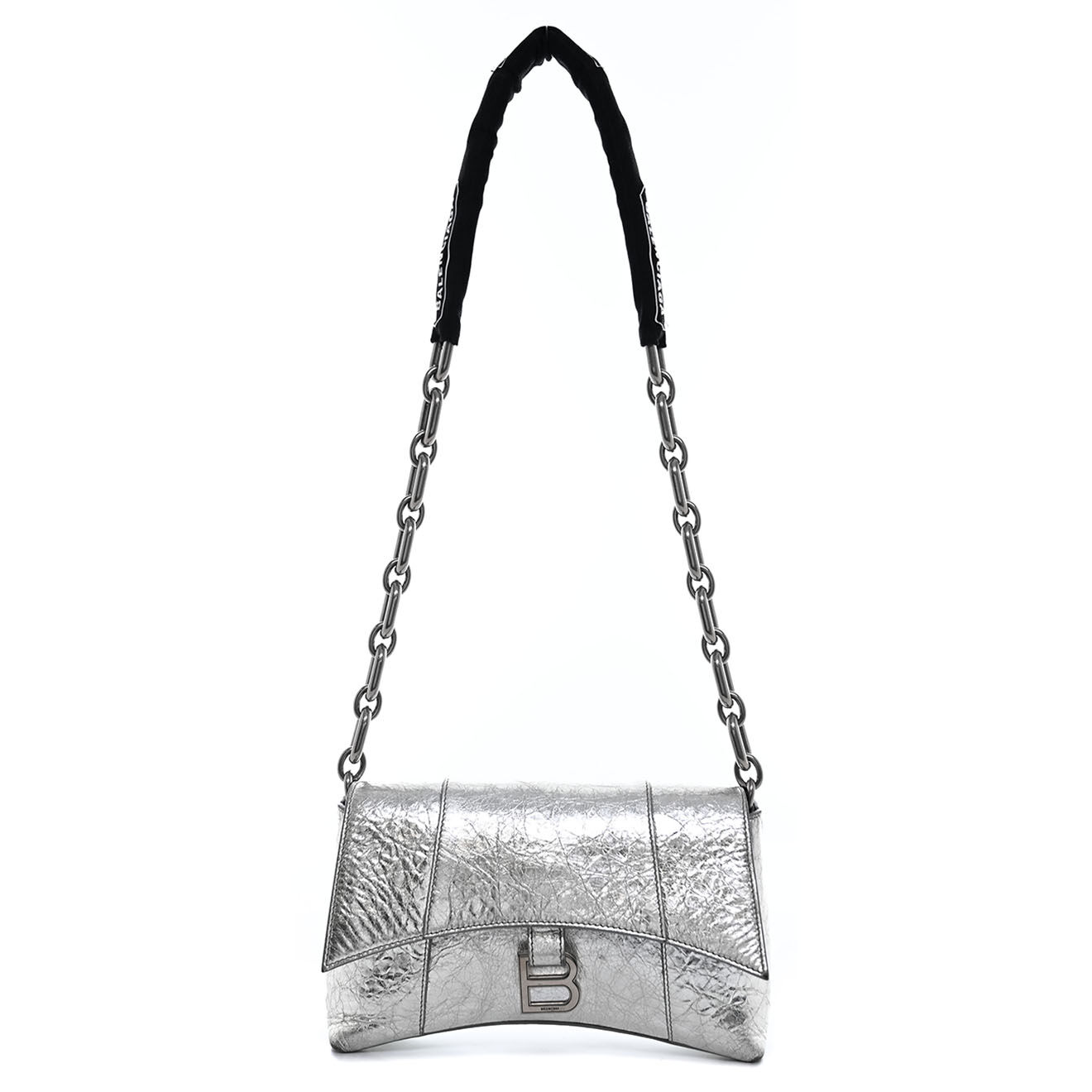 Balenciaga Sac bandoulière Hourglass Chaine en Cuir argenté - Bon état - L.26 cm