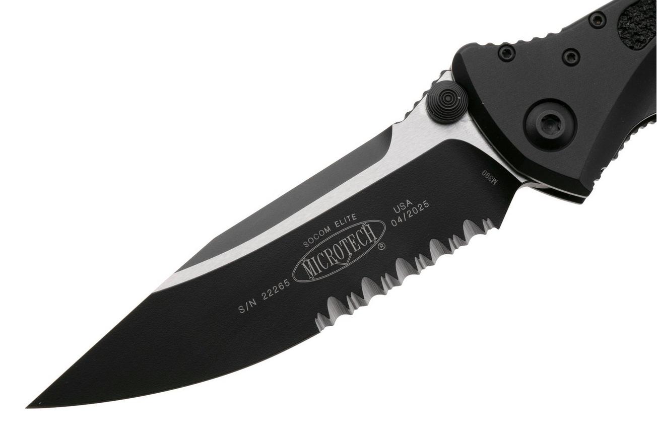 Microtech Socom Elite 160-2T, Two Tone M390 Clippoint, Black Aluminum, partly serrated zakmes