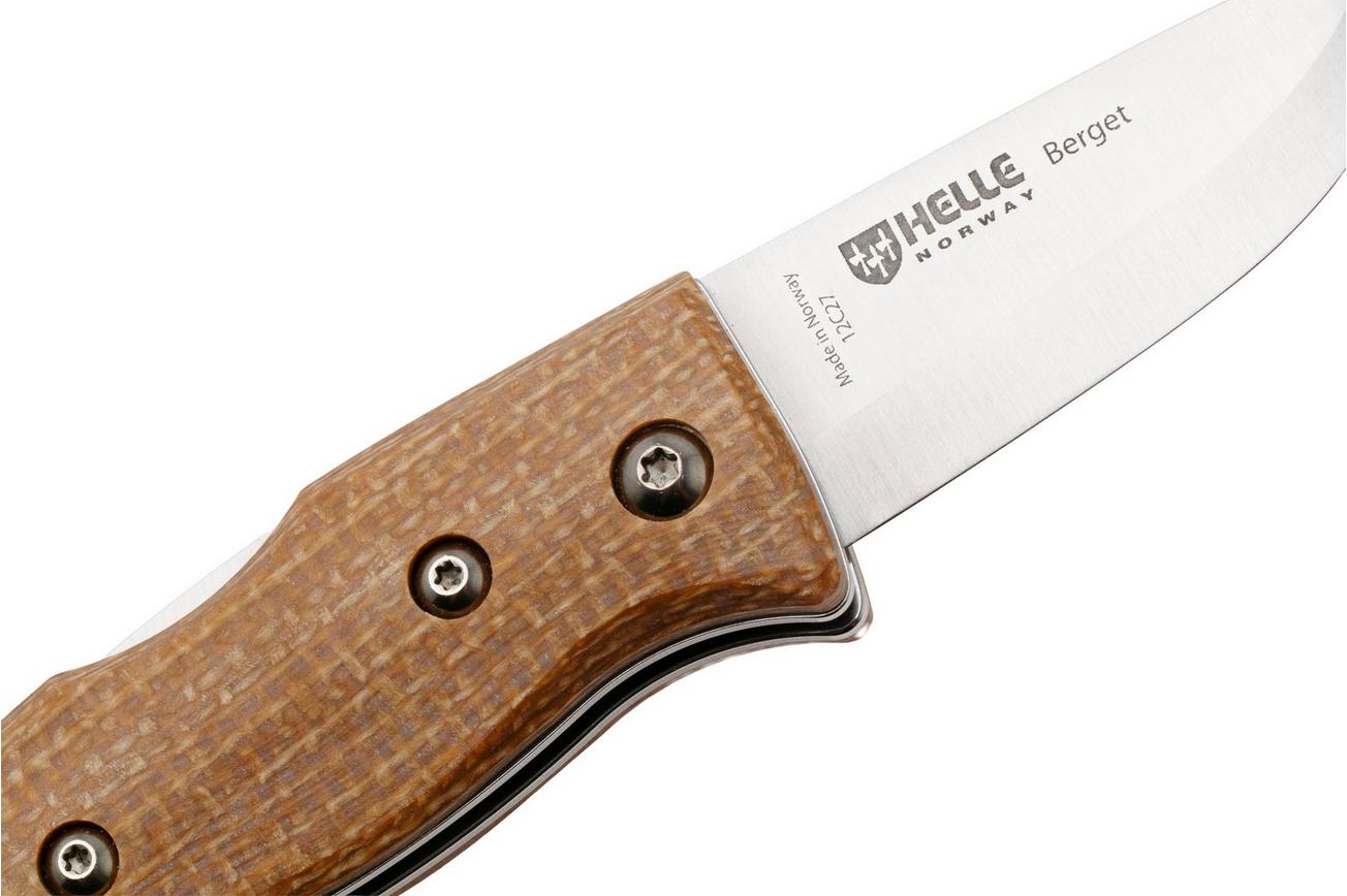 Helle 761 Berget, 2001763, Satin Sandvik 12C27, Mustard Jute Micarta bushcraft zakmes