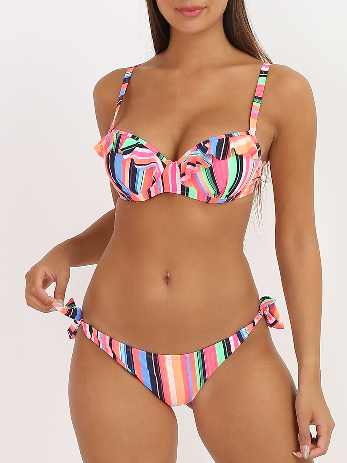 Bikini à volants et rayures colorées- Corail