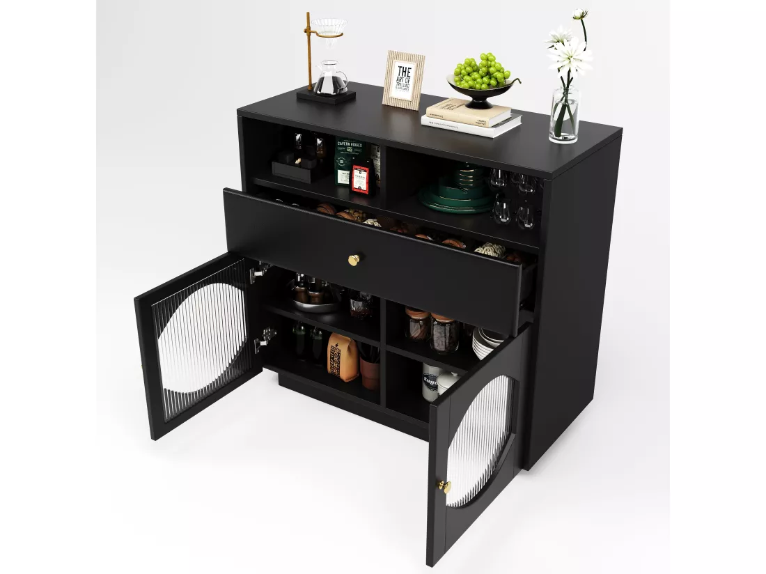 Buffet multifonctionnel noir avec porte en verre de luxe,d100cm×h90.5cm