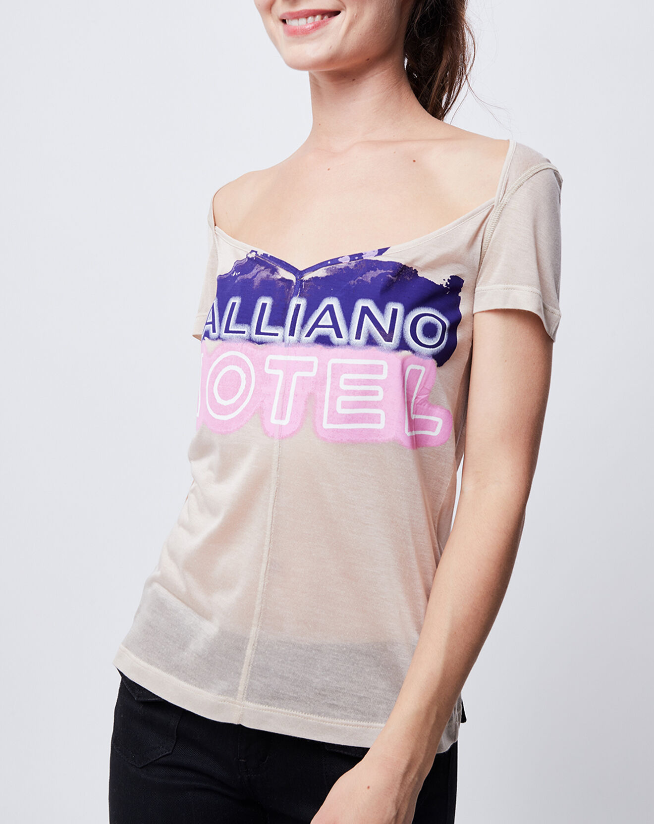 John Galliano T-Shirt fin avec imprimé beige/violet/rose
