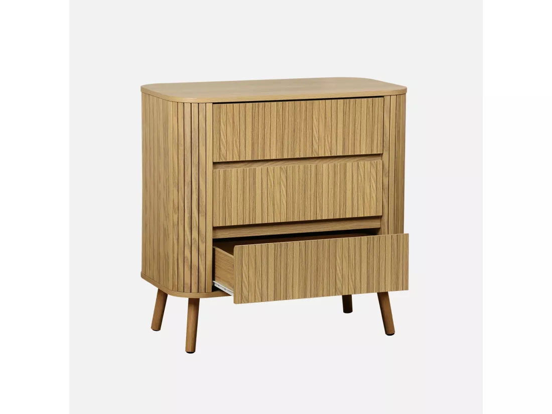 Commode 3 tiroirs. décor strié naturel. L 80x P 45 H 80cm