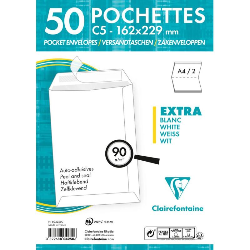 Paquet de 50 Pochettes Blanches C5-162x229 mm - Auto-Adhésives - 90g/m2 - Blanc