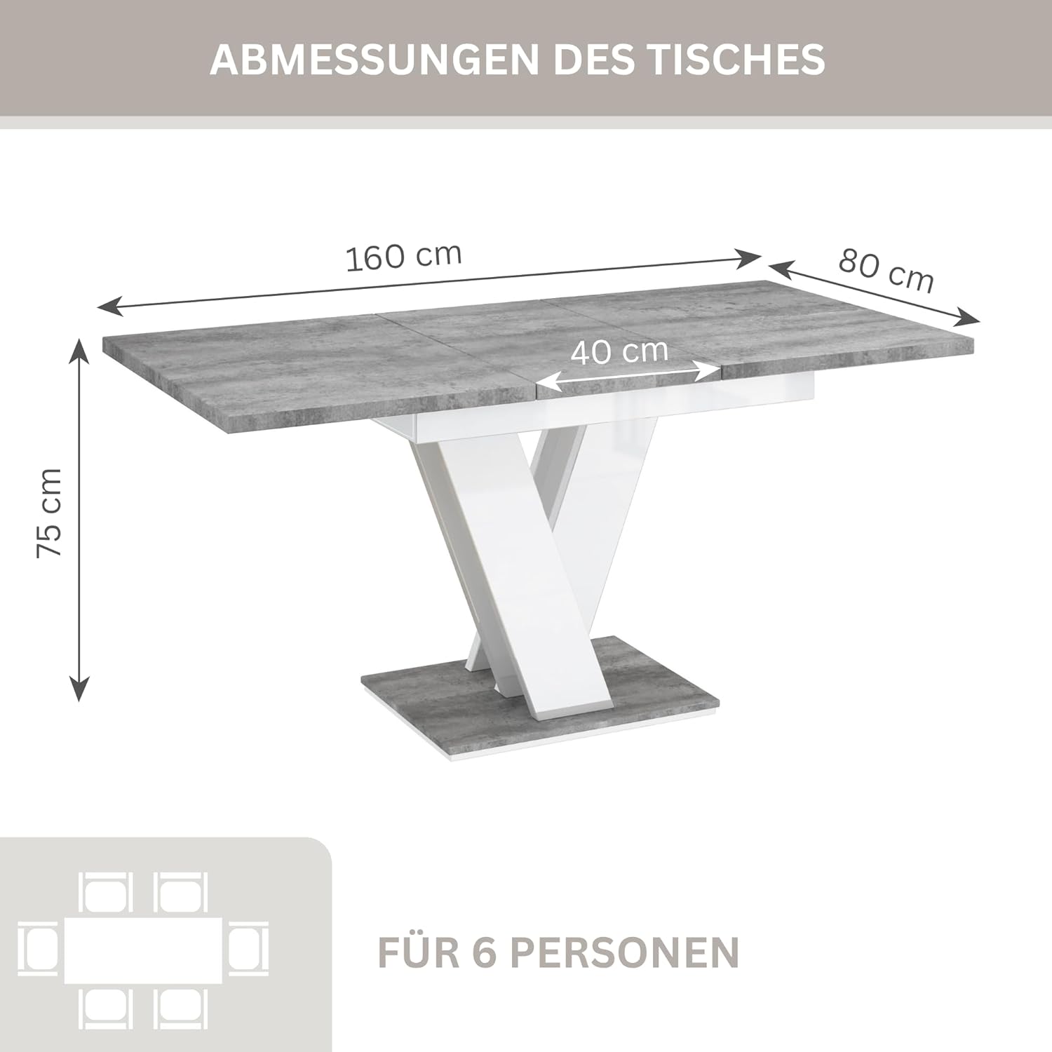 Malvi - Esstisch Ausziehbar auf 160 cm - 120x80x75 cm - Modern - Dinner Table - Esszimmertisch - Tisch für Esszimmer, Wohnzimmer - Ausziehtisch - Betonoptik/Weiß Matt
