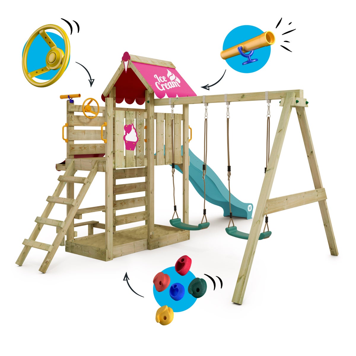 WICKEY VanillaFlyer Speeltoren Klimrek met Schommel en Glijbaan, Klimtoren met Zandbak, Ladder en Speelaccessoires - Turquoise