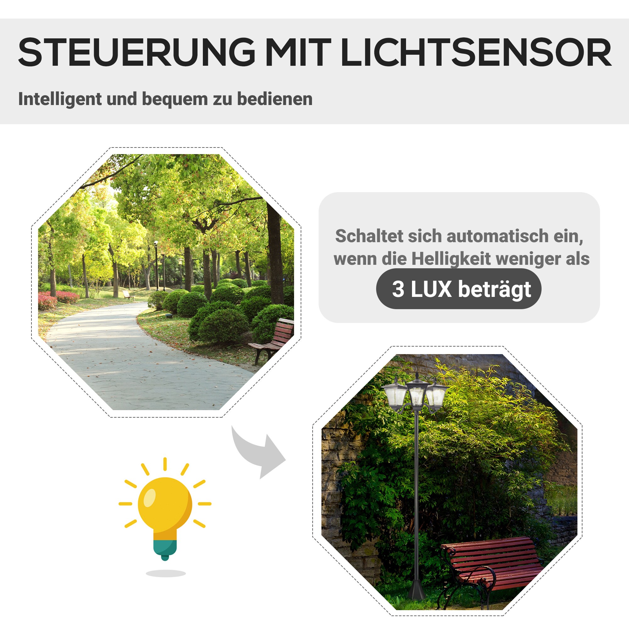 Outsunny Solar Gartenleuchte mit 3 Lampen schwarz 51,5L x 47B x 182,5H cm