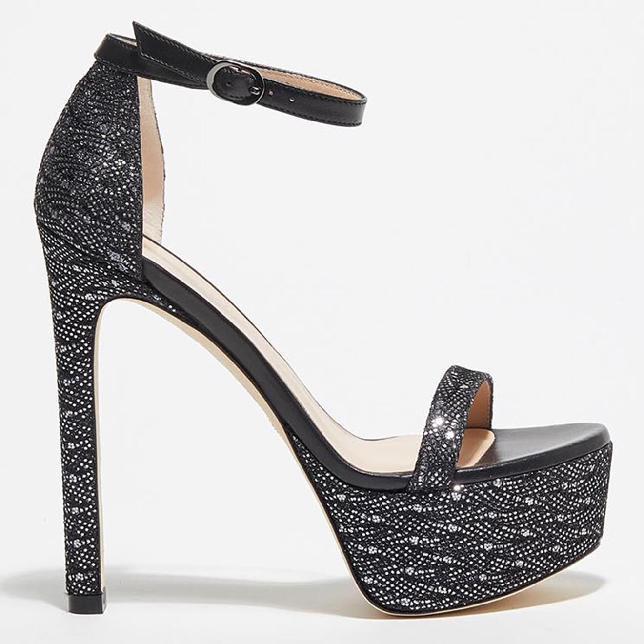 Stuart Weitzman Sandales Nudist Hollywood pailletées noir/argenté - Talon 14,5 cm