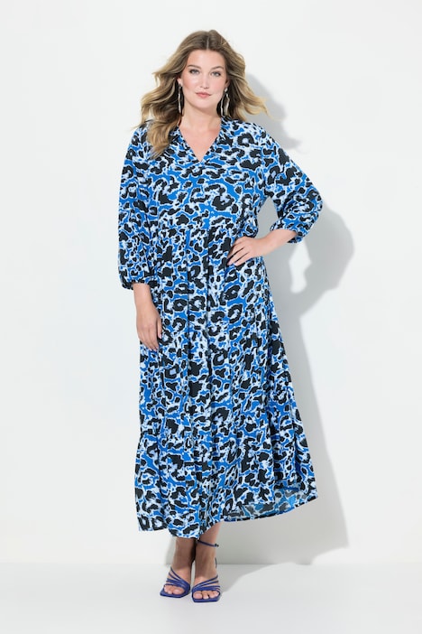 Maxikleid, A-Linie, Leomuster, V-Ausschnitt, 3/4-Ärmel