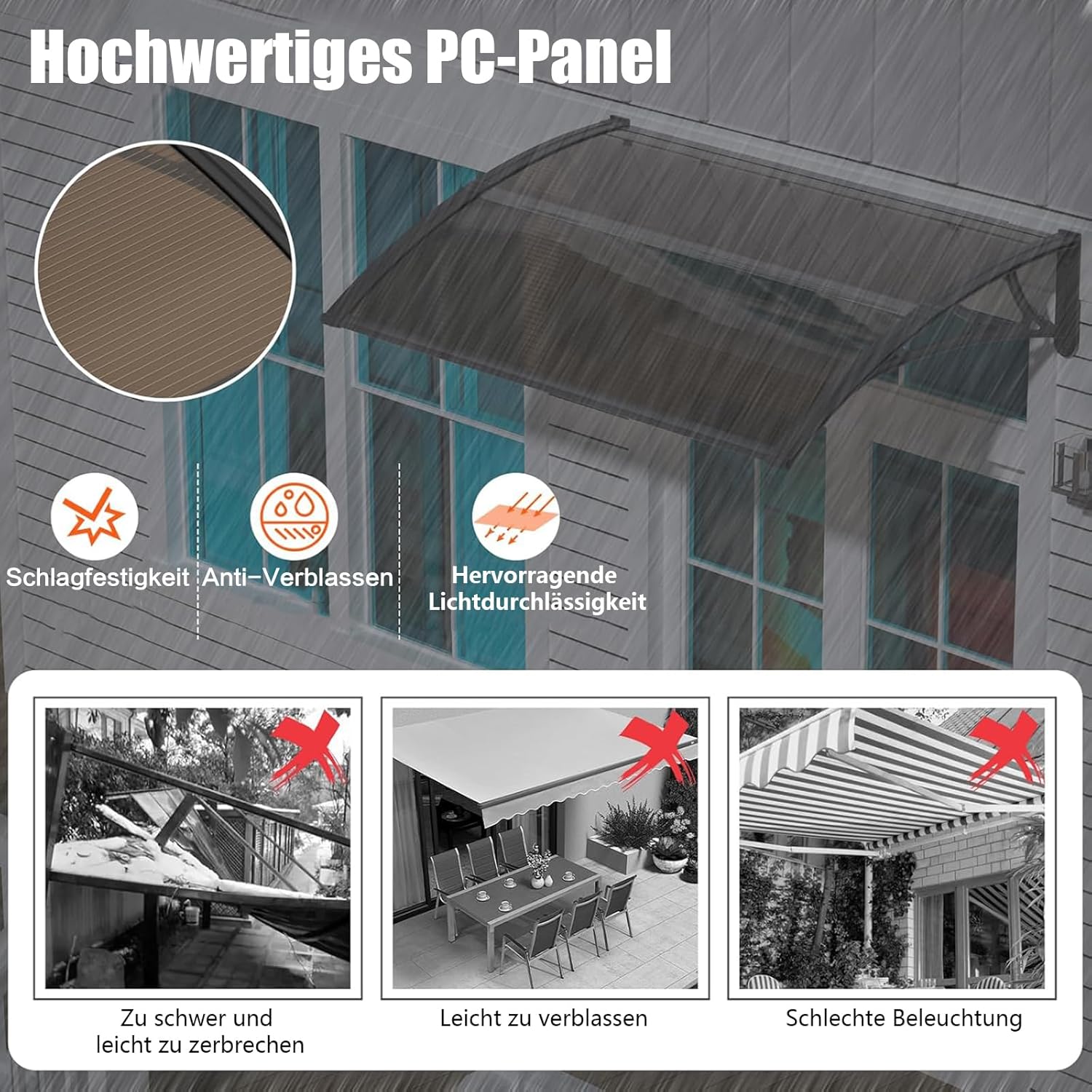 Vordach für Haustür 150x100CM Fenstervordach für Türen,Polycarbonat Pultvordach Überdachung für UV-,Regen- und Schneeschutz – Ideal für Veranda, Terrasse und Fenster