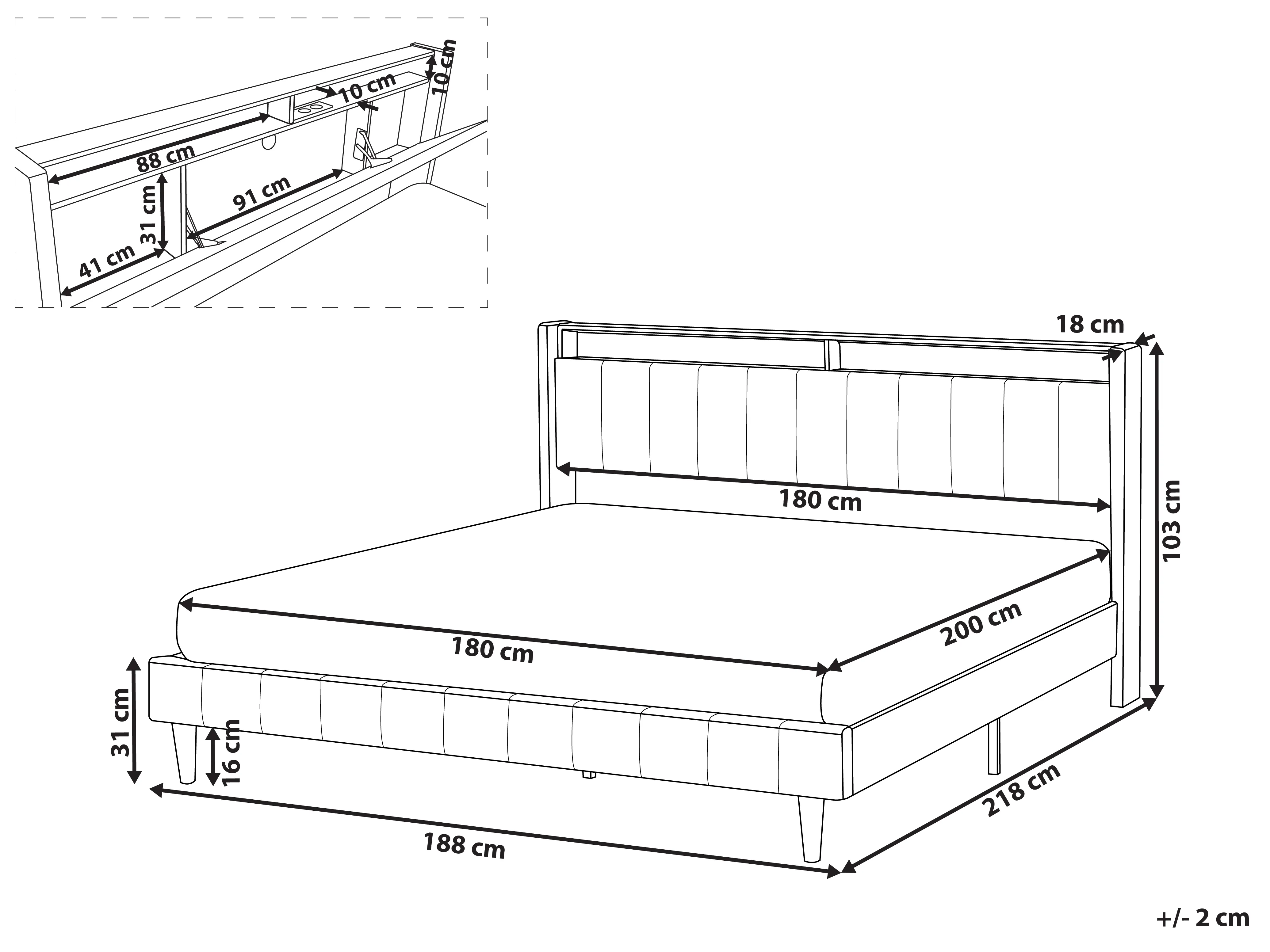 Bed met LED-verlichting Stof BEAULIEU 180 x 200 cm met opbergruimte met USB-poort Donkergrijs