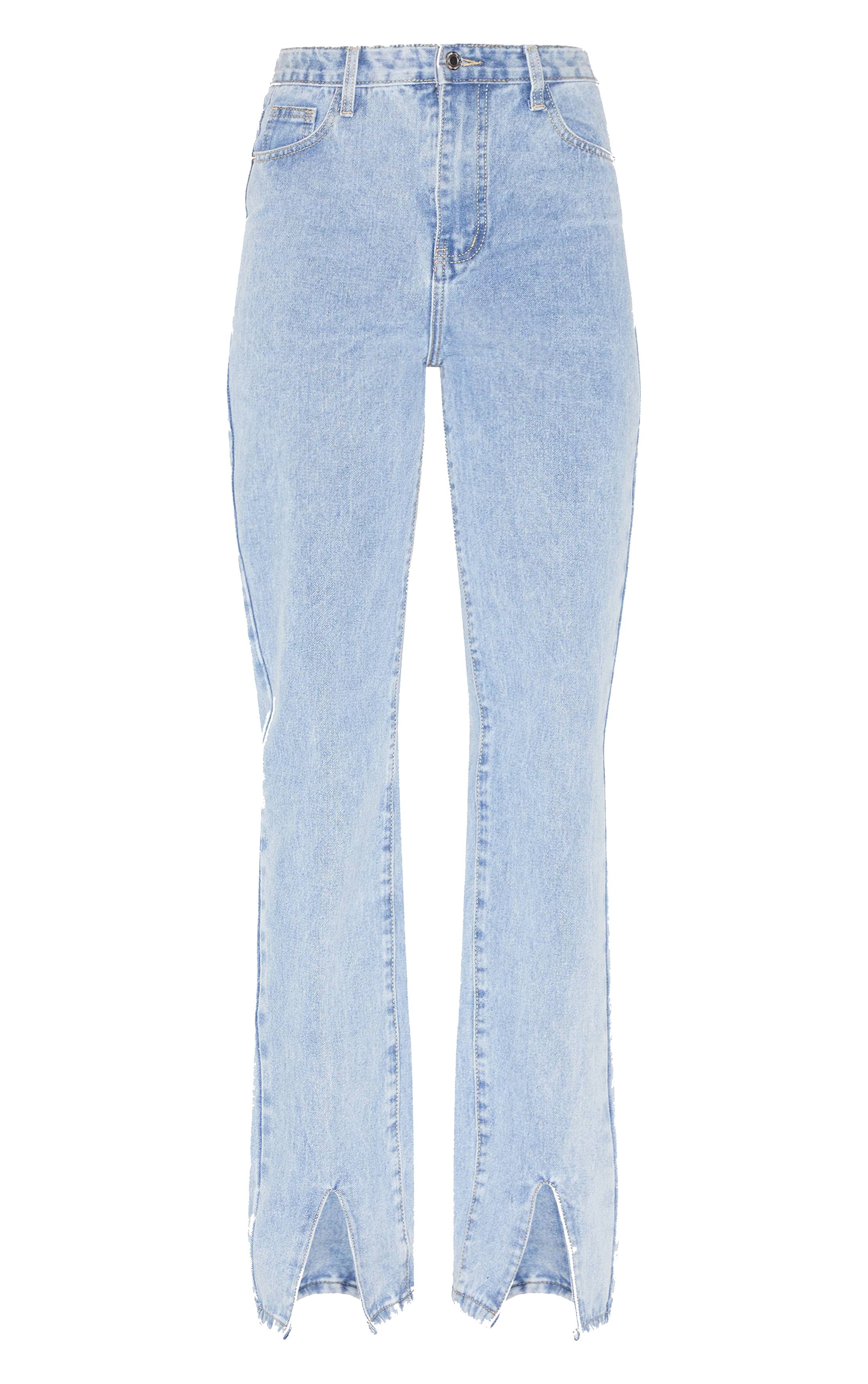 Light Blue Wash Jean Droit Jambes Longues Avec Fente Frontale