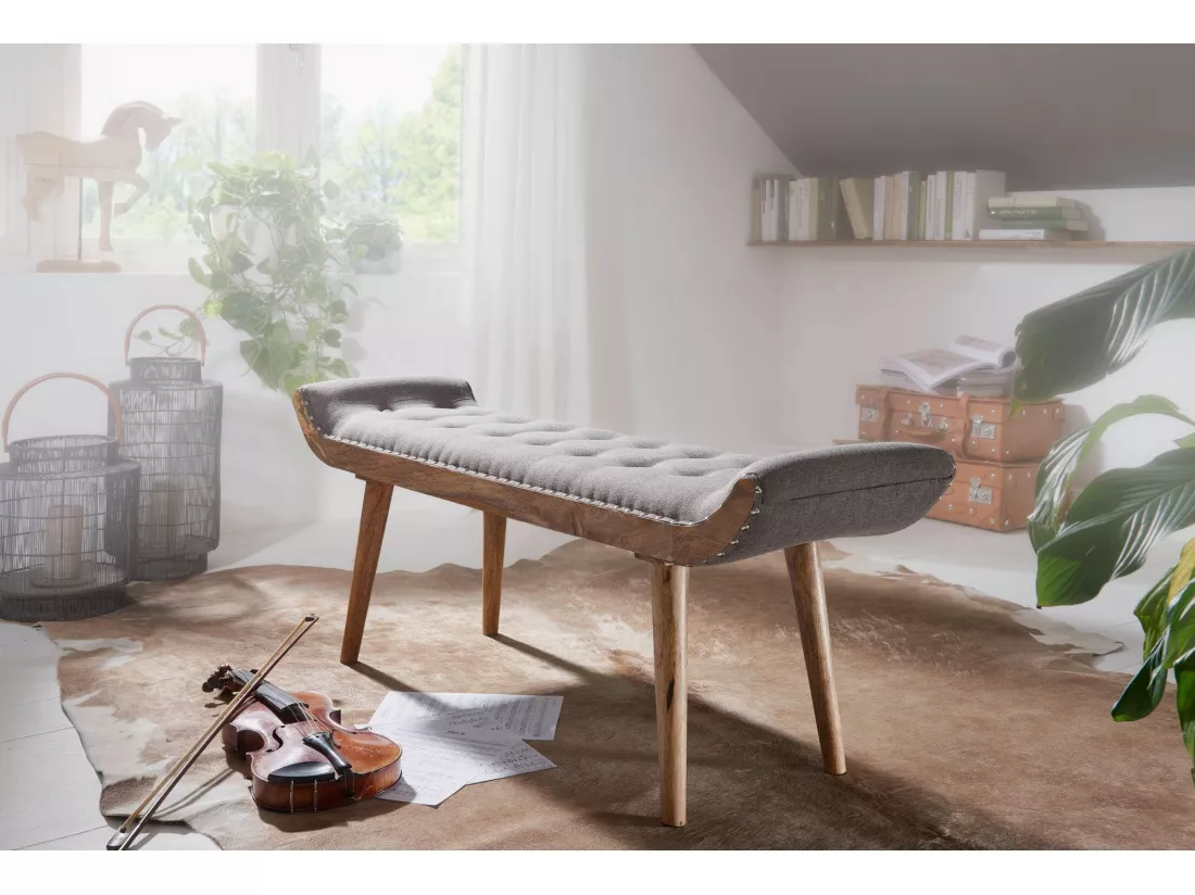 banc tissu / bois tapissé banc 125x51x38 cm banc de lit gris banc d'entrée