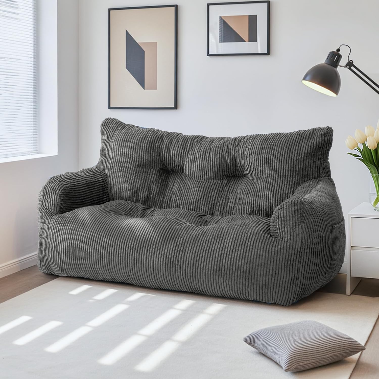 Pamapic Sitzsack, Sitzsack Erwachsene mit Füllung, Doppeltes Lounge Sessel mit Tragbarem Griff, Modernes Ergonomisches BeanBag, Indoor Sitzsäcke Stuhl für Wohnzimmer, Schlafzimmer, Spielzimmer, Grau