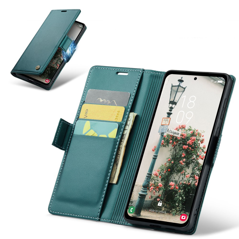 Samsung Galaxy A55 Leder Tasche Flip Wallet Etui mit Kartenfächern Litchi Look (RFID Schutz) - Grün