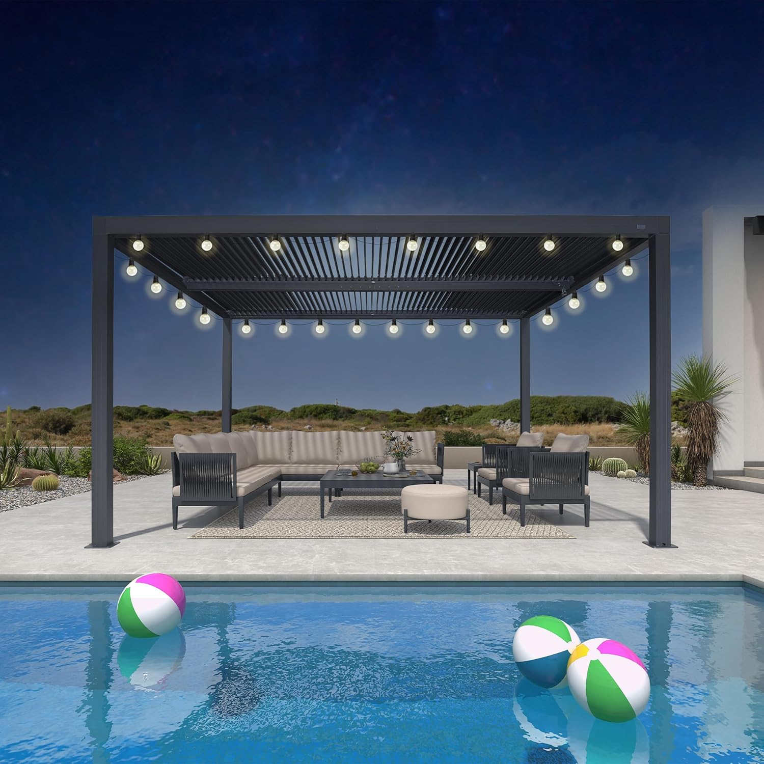 PURPLE LEAF Alu Lamellenpavillon 3.65 x 4.25 m mit 14.6 m 24 LED Kugel Lichterkette Pergola mit Verstellbaren Lamellendach Terrassenüberdachung Wasserdicht Stabil Lamellenpergola für Terrasse, Grau