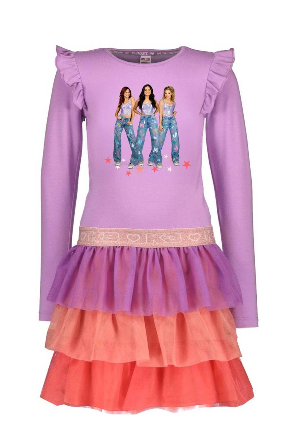 B.Nosy K3 jurk met printopdruk en mesh zachtpaars/oranje/koraal