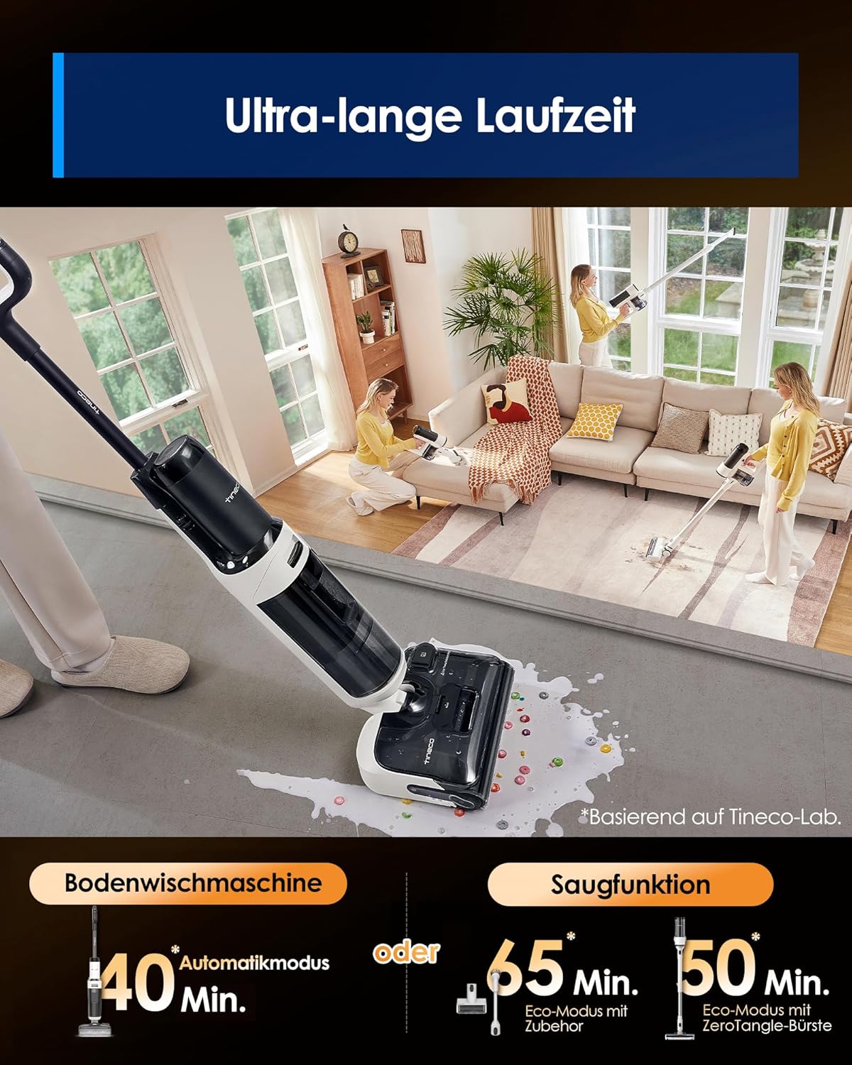 Tineco Floor ONE Switch S6 Stretch Nass Trockensauger, 180° Lay-Flat, Anti-Tangle, 85℃ Schnelltrocknend, 40min Nasssauger, 50min Staubsauger, 21kpa Doppelkante Reinigung des Ganze Haus & unter Möbeln