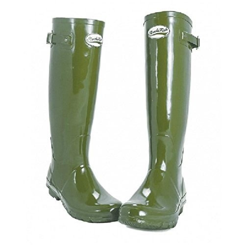 Botas de chuva femininas de cano alto ajustáveis com acabamento brilhante, cor verde-oliva escura.