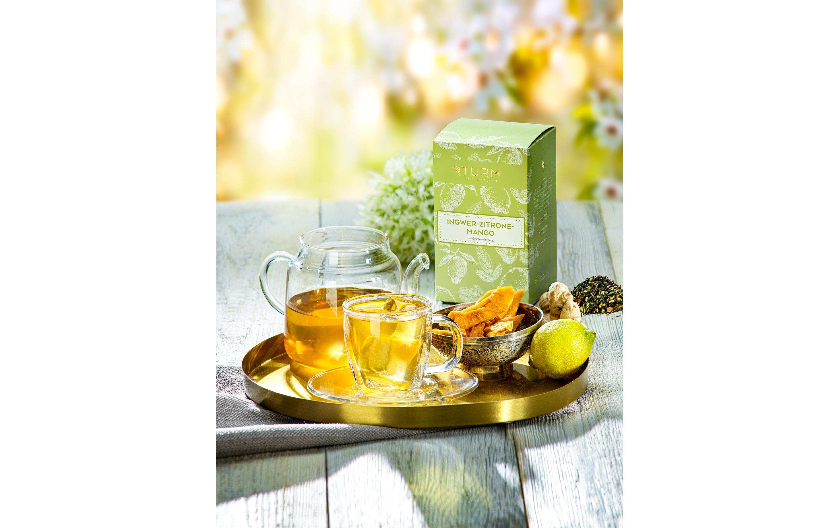 Teebeutel Bio Ingwer-Zitrone-Mango Grüntee 20 StückPyramidenbeutel mit Grünteemischung und Ingwer-Zitrone-Mango-Geschmack