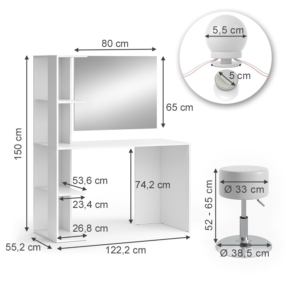 Vicco Schminktisch Tower Weiß 122 x 55 cm mit Beleuchtung und Hocker