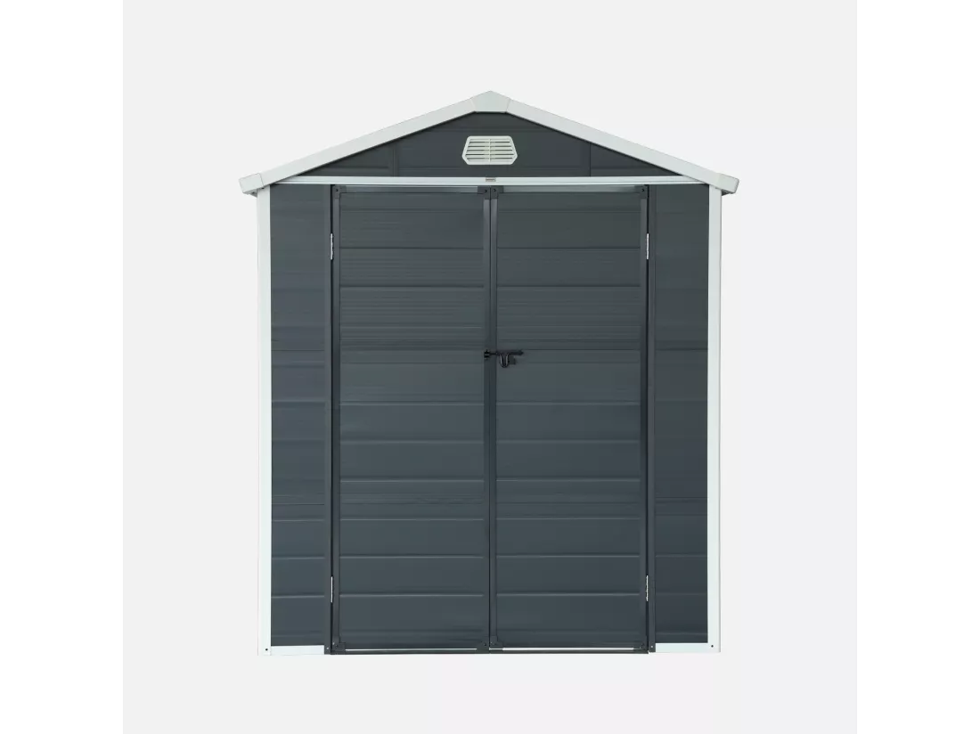 Abri de jardin plastique 3.65 m². anthracite. acier et aluminium. toiture en double pente et grande porte d'entée. 192 x 190 x 219cm