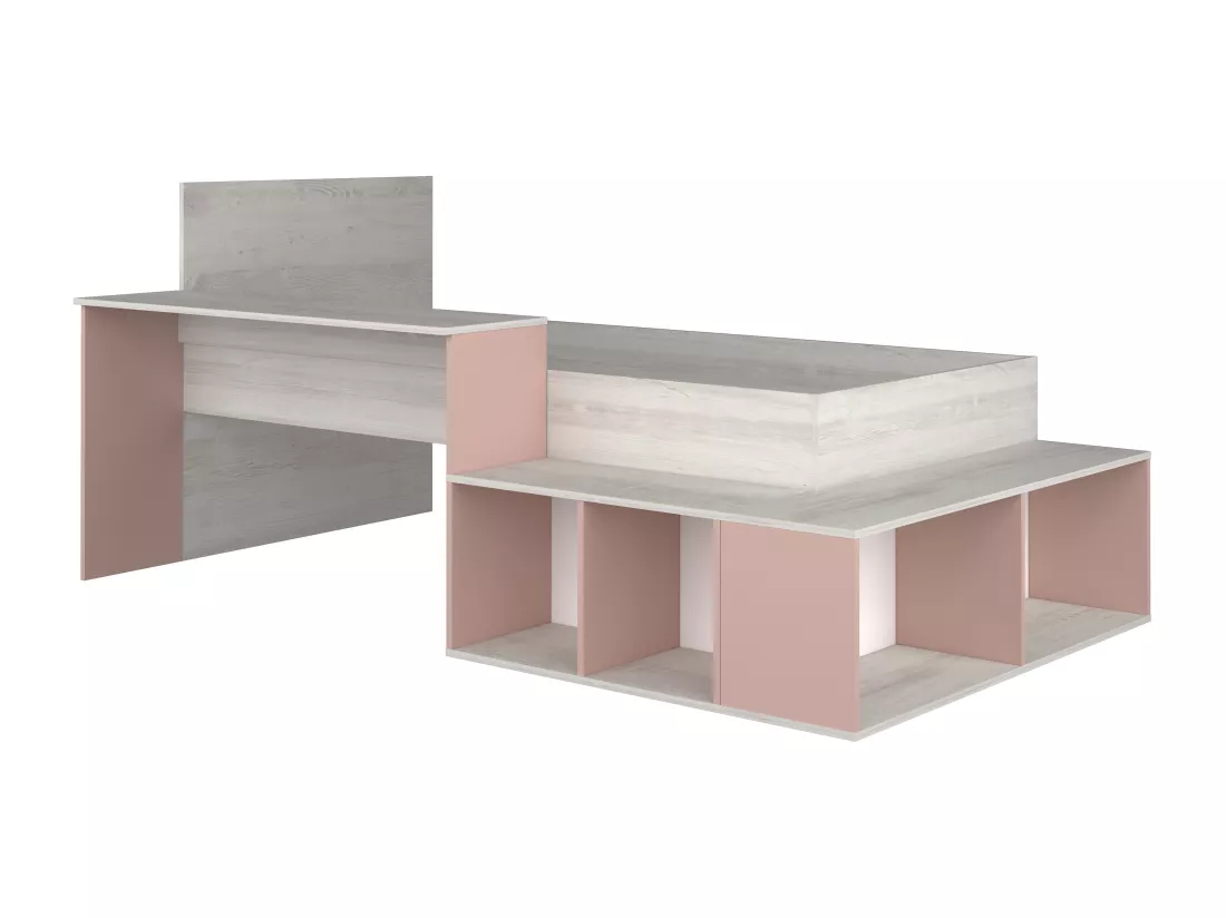Lit combiné 90 x 200 cm avec rangements et bureau - Coloris : Naturel et rose + Sommier + Matelas - RIGALI