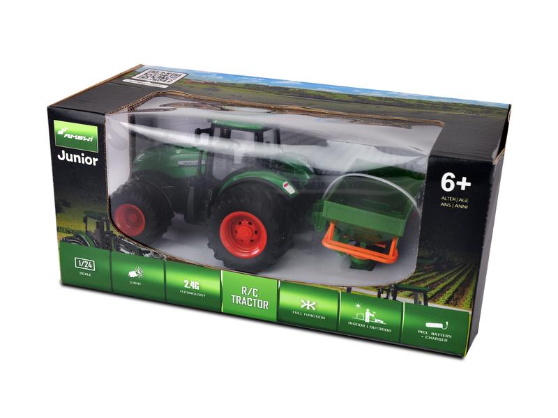 Amewi Traktor mit Düngerstreuer, Grün 1:24, RTR Ferngesteuerter Traktor mit Licht und Sound