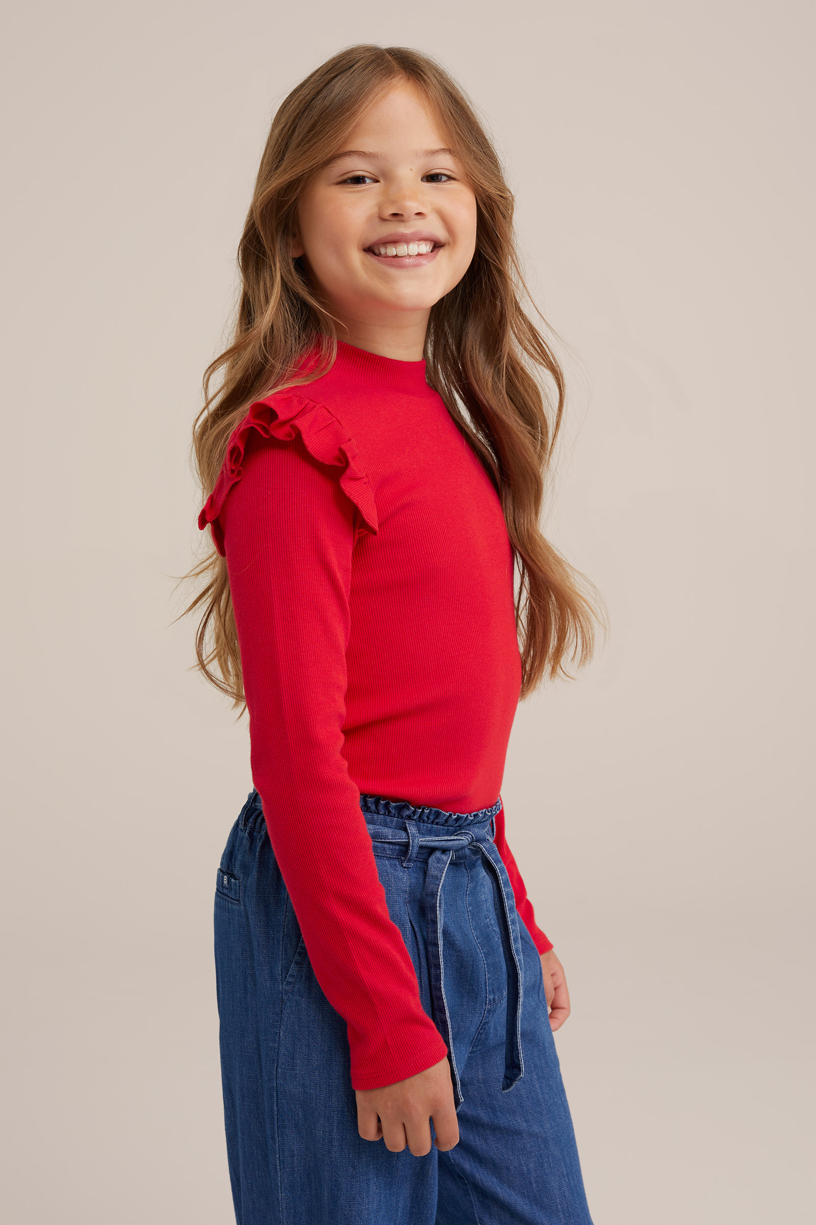 Meisjes geribd T-shirt met ruches WE Fashion Rood
