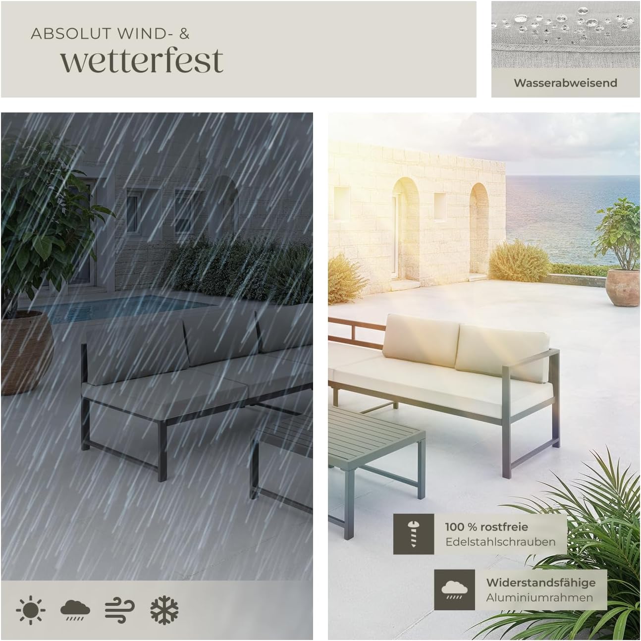 tectake® Gartenmöbel Set, 2X Sofa mit Kissen und Tisch, Sitzecke Outdoor Lounge mit Verstellbarer Rückenlehne, Möbel wetterfest für Balkon, Garten, Terrasse oder Wintergarten - hellgrau