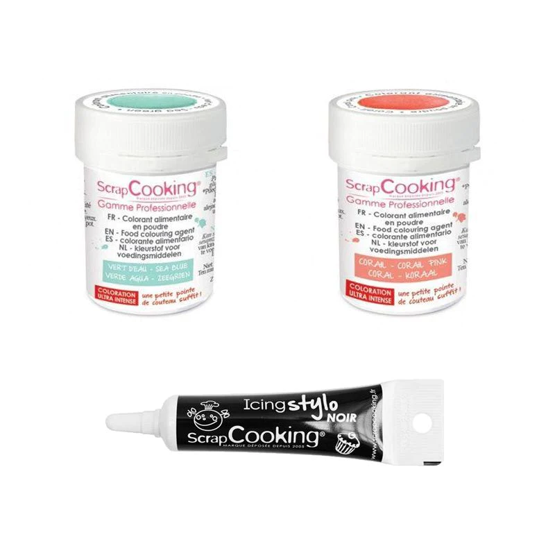 2 colorants alimentaires corail-vert d'eau + Stylo glaçage noir Scrapc