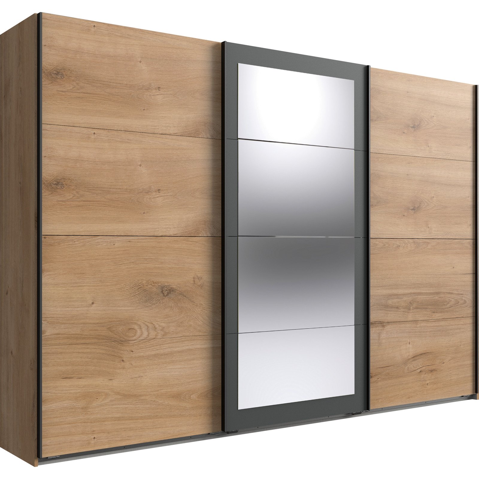 Schwebetürenschrank Minden Dekor Plankeneiche graphit 270 x 210 x 65 cm, mit Spiegel